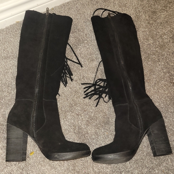 Steve Madden Fringerr Heeled Boots Size 7 B Black Suede Zipper Closure - Picture 3 of 6